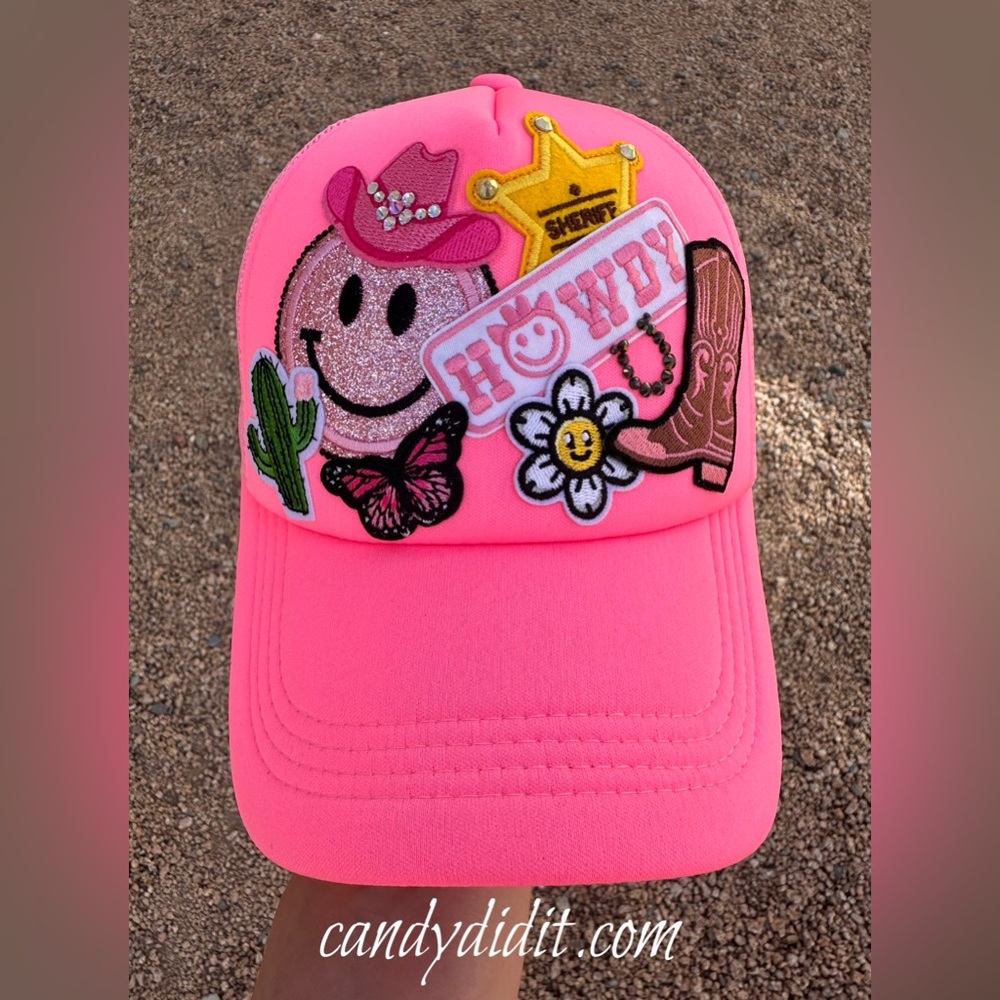 Adorable Bright Pink Howdy Cowgirl Handmade Trucker Hat with Crystals